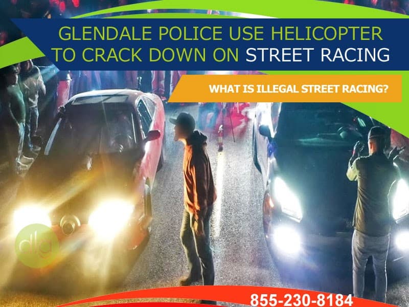 Two cars are stopped side by side on a street at night, surrounded by people, with a headline about Glendale police using helicopters to stop street racing.