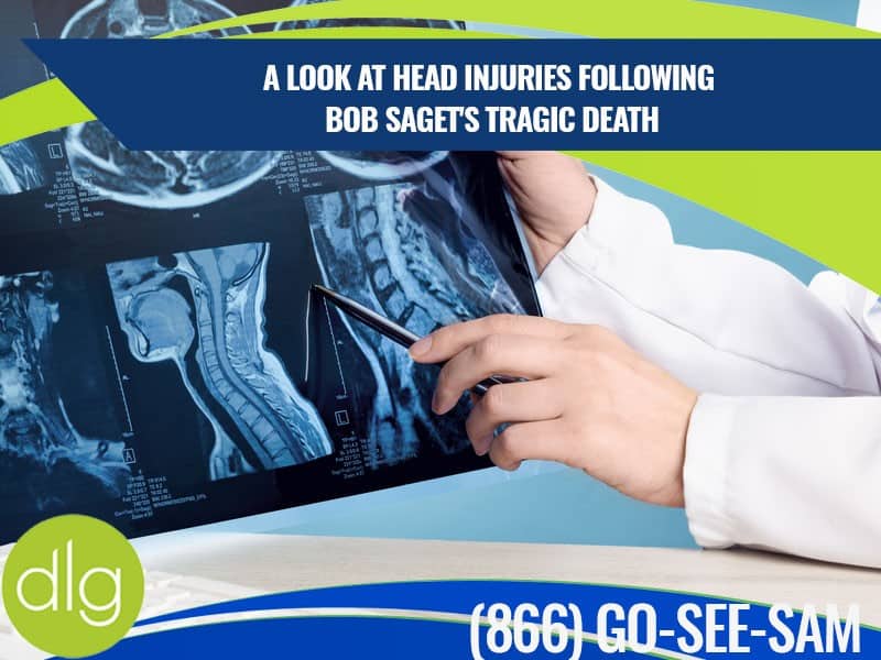 A doctor points to spinal and brain X-ray images, with a banner discussing head injuries after Bob Saget's death and a legal firm's contact information.