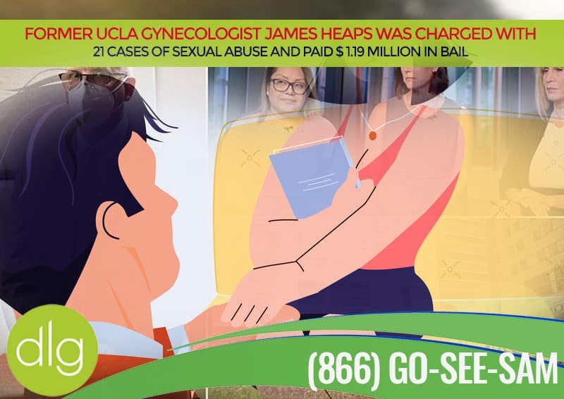 A graphic showing a man shaking hands with a woman, overlaid with text about a former UCLA gynecologist charged with sexual abuse and bail information.