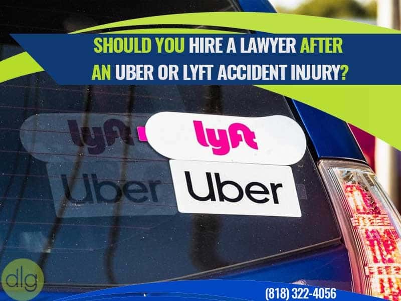 Car window with Lyft and Uber stickers; overlaid text asks if you should hire a lawyer after an Uber or Lyft accident injury. Phone number and logo are also visible.