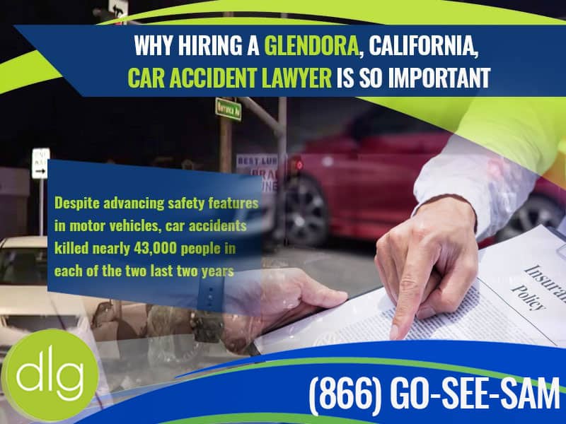 Informational graphic about hiring a car accident lawyer in Glendora, California, featuring accident imagery and statistics about motor vehicle fatalities.