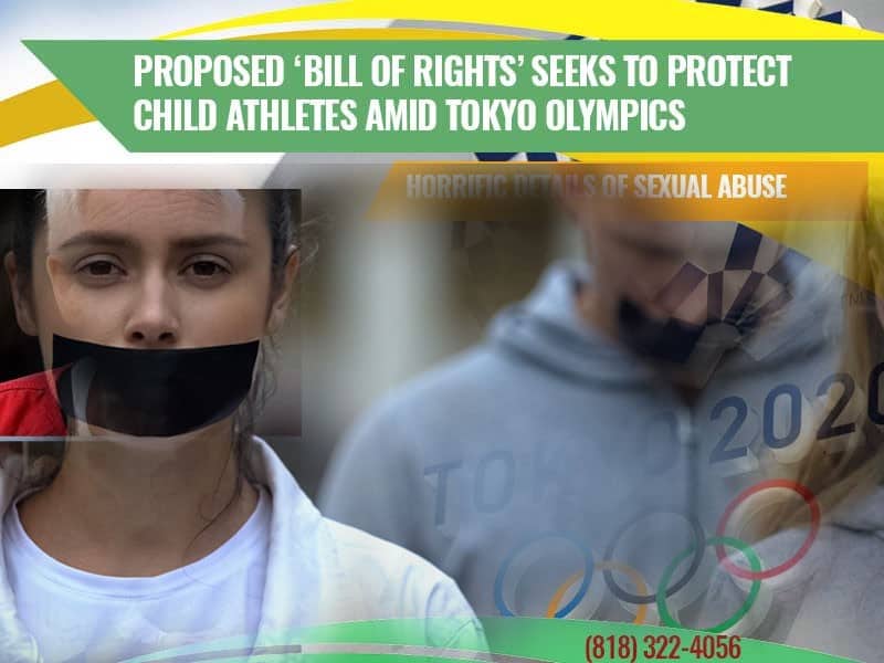 A woman with tape over her mouth stands in front of a blurred person wearing a Tokyo 2020 shirt. Text discusses a proposed Bill of Rights to protect child athletes from abuse.