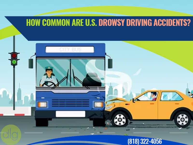 A city bus and a yellow car are shown in a collision at an intersection; text asks about the frequency of U.S. drowsy driving accidents.