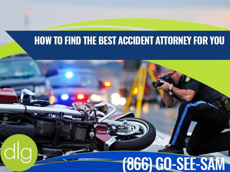 A police officer photographs a motorcycle accident scene with emergency vehicles in the background; text offers information on finding an accident attorney and displays a phone number.