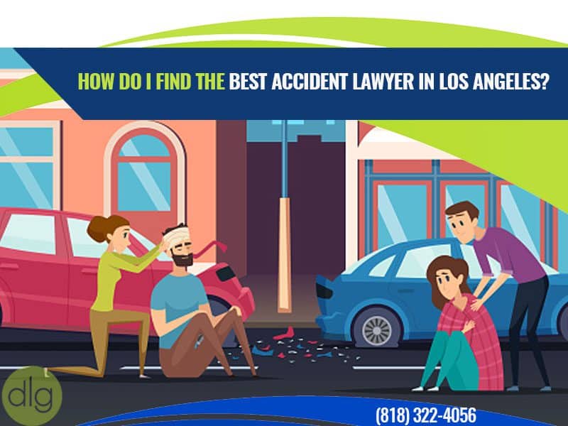 Illustration of two cars in an accident, with injured people being assisted and a banner reading "How do I find the best accident lawyer in Los Angeles?" along with a phone number.