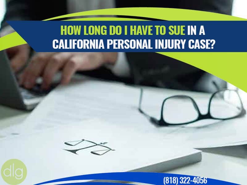 A person using a laptop sits near eyeglasses and legal documents; text asks about lawsuit time limits in California personal injury cases.