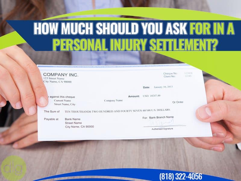 A person holds a check with legal details displayed, under a banner reading "How much should you ask for in a personal injury settlement?" and a phone number at the bottom.