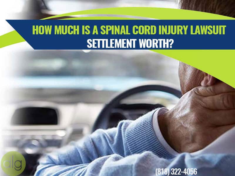 A person holding their neck in pain while sitting in a car, with text asking about spinal cord injury lawsuit settlement value.