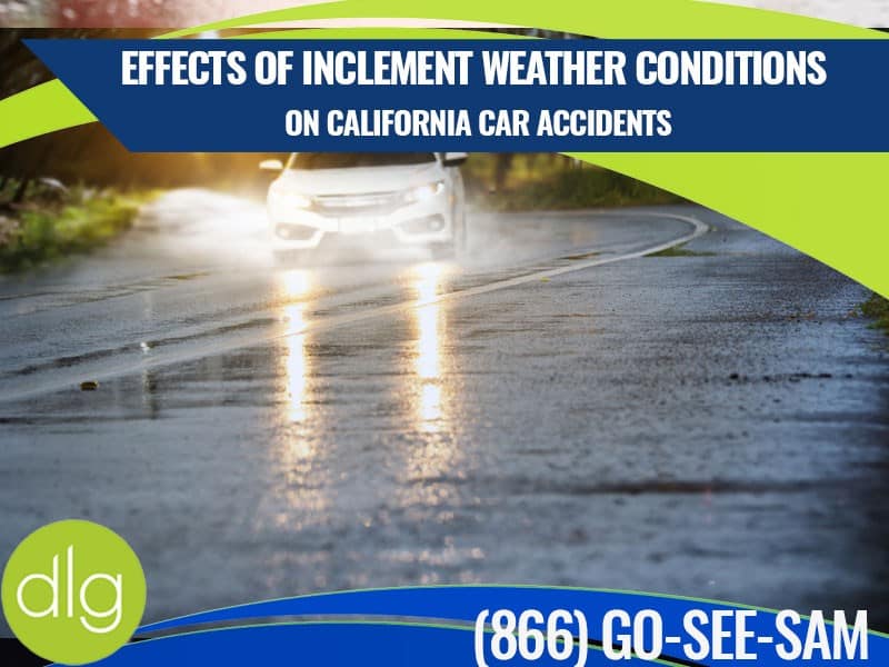 A car drives on a wet, reflective road in rainy weather, with text overlay about the effects of inclement weather on California car accidents.