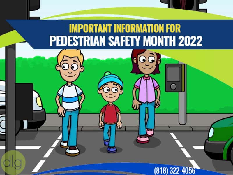 Three cartoon children cross a street at a crosswalk under a banner that reads "Important Information for Pedestrian Safety Month 2022.