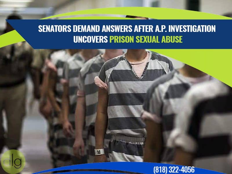 Inmates in striped uniforms stand in line; a headline overlay reports senators seeking answers after an AP investigation reveals prison sexual abuse.