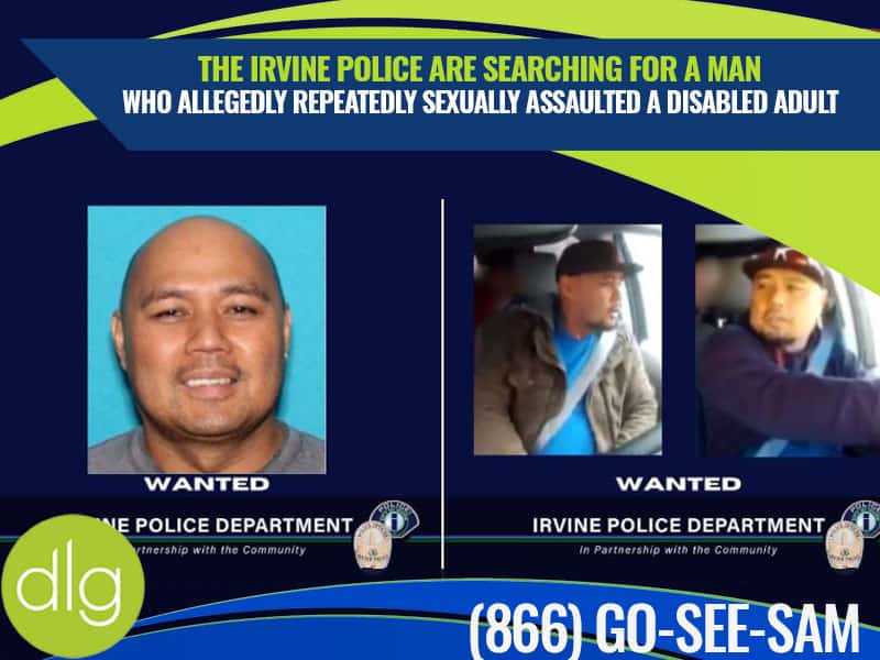 A wanted poster from the Irvine Police shows a man's photo and two surveillance images, seeking information on an alleged repeated sexual assault of a disabled adult.