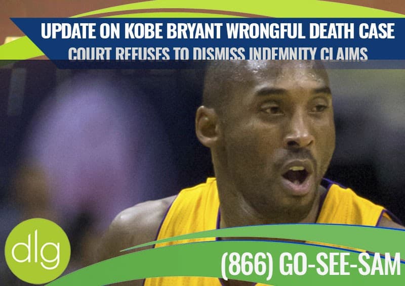 Kobe Bryant in a Lakers jersey; overlaid text reads, “Update on Kobe Bryant wrongful death case. Court refuses to dismiss indemnity claims. (866) GO-SEE-SAM.”.