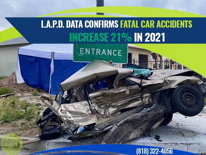 Wrecked car at crash scene with a damaged road sign and tents in the background; text reports fatal car accidents increased 21% in 2021 according to LAPD data.