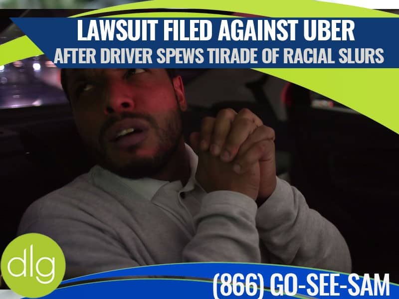 A man sits in a car at night with hands clasped; text overlay discusses a lawsuit against Uber over a driver's use of racial slurs and provides a lawyer's contact number.