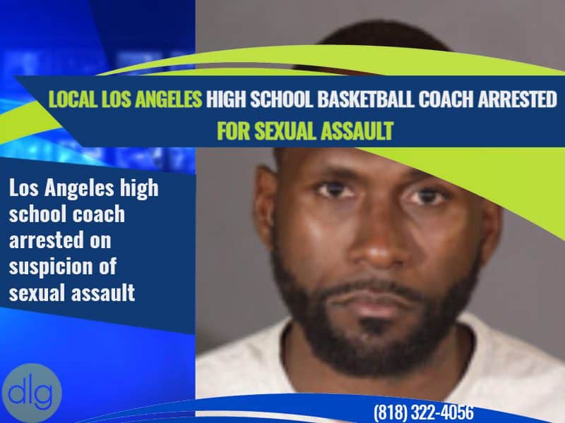 Mugshot of a man with text overlay stating a Los Angeles high school basketball coach was arrested on suspicion of sexual assault, with a contact phone number at the bottom.