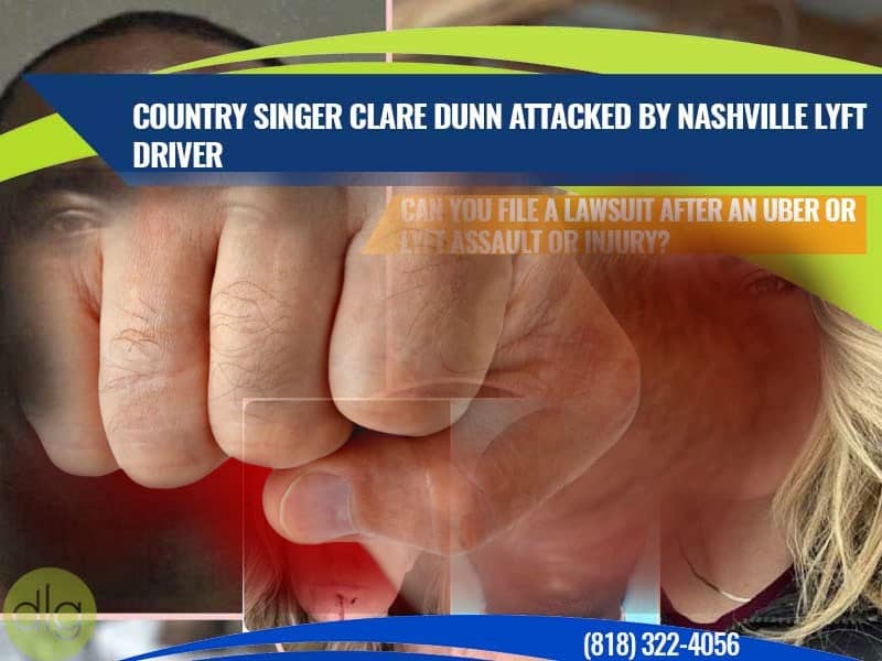 A collage featuring a clenched fist, partial faces, and text reporting country singer Clare Dunn was attacked by a Nashville Lyft driver, alongside a law firm's contact information.