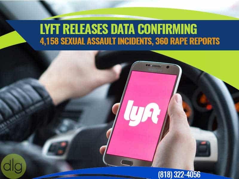 Person holding a smartphone with the Lyft app open; text overlay reports Lyft data on sexual assault and rape incidents.