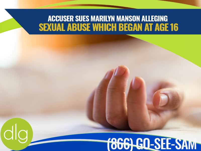 A close-up of a person's hand resting on a bed is overlaid with text about a lawsuit alleging sexual abuse by Marilyn Manson starting at age 16. Helpline number and law firm logo are visible.