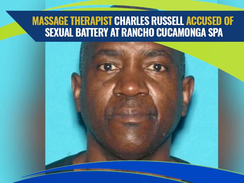 Mugshot of a man with text above stating, "Massage therapist Charles Russell accused of sexual battery at Rancho Cucamonga spa.