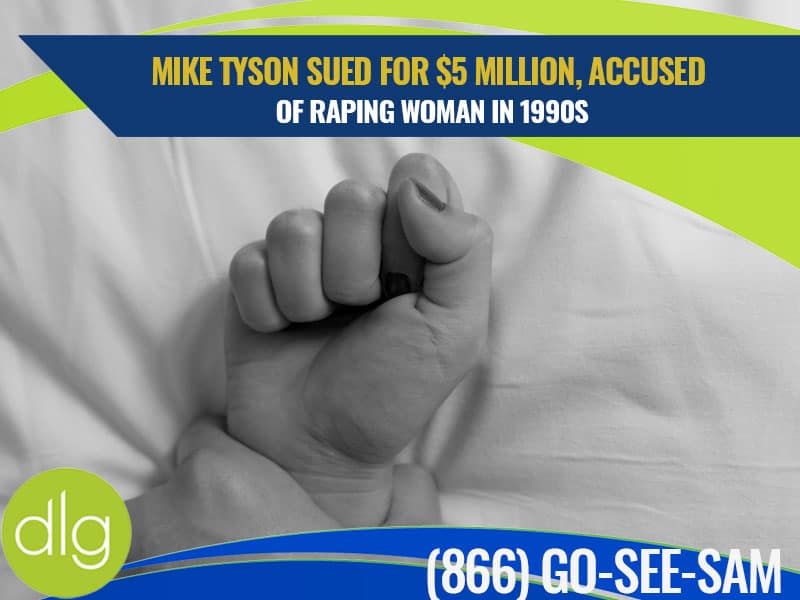 A clenched hand grips a bed sheet; overlaid text reports Mike Tyson is sued for $5 million, accused of raping a woman in the 1990s.