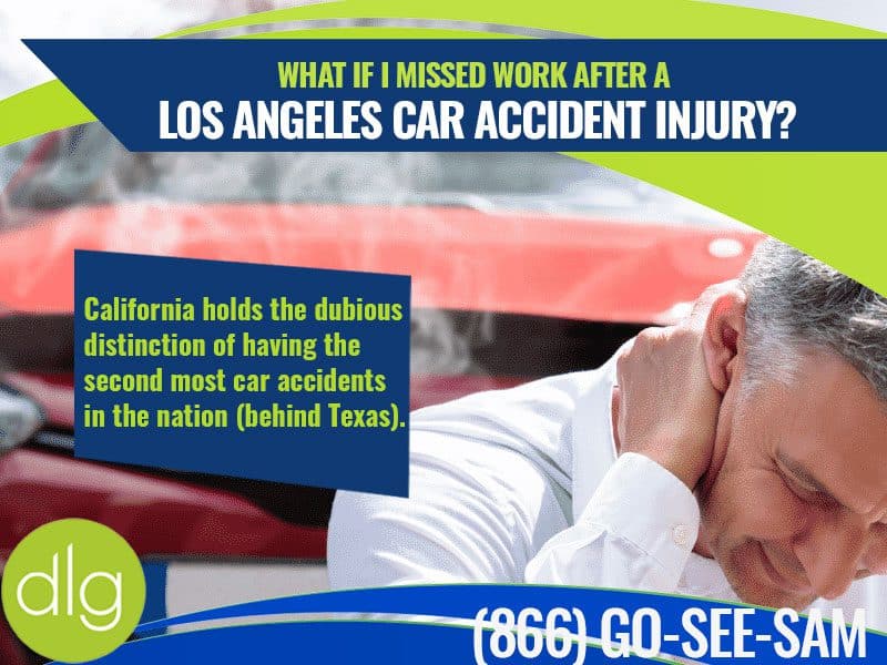A man in a suit holds his head in front of a damaged car, with text about the high rate of car accidents in California.