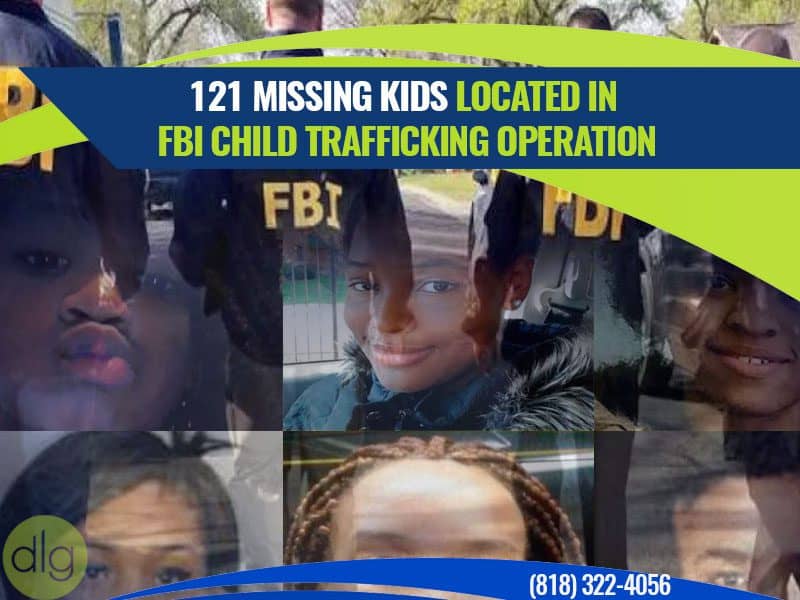 Collage of children's faces with text: "121 missing kids located in FBI child trafficking operation" and a phone number at the bottom.