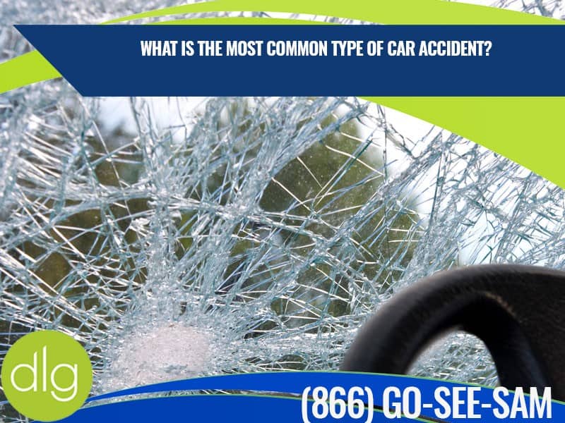 Close-up of shattered car windshield with text asking about the most common type of car accident and a phone number for legal help.