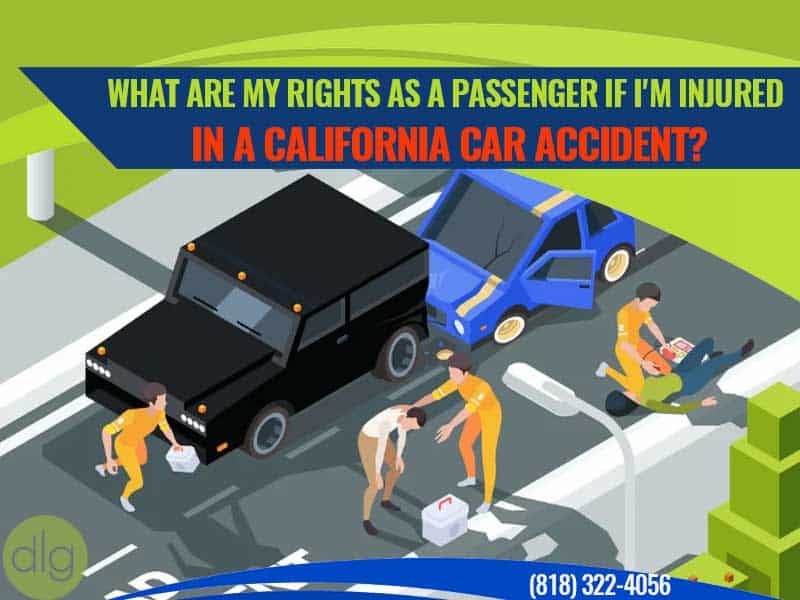 Illustration of a car accident scene with injured people being assisted by medics, accompanied by text about passenger rights in California car accidents.