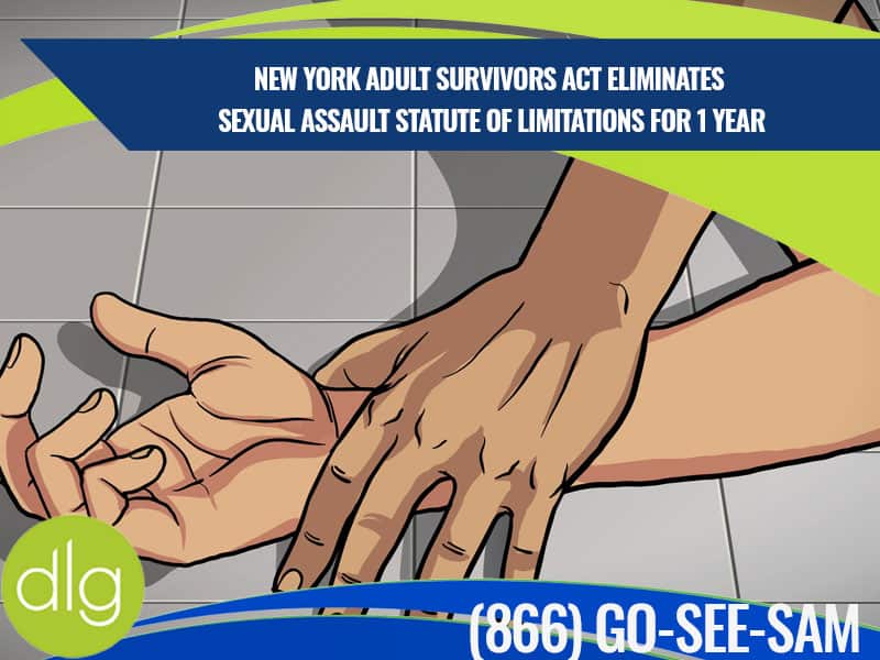 Illustration of a hand pinning another hand to the floor, with text about New York eliminating the sexual assault statute of limitations for one year.