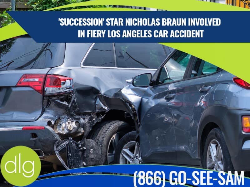 Two cars with severe damage after a collision; a banner above reads "'Succession' star Nicholas Braun involved in fiery Los Angeles car accident.