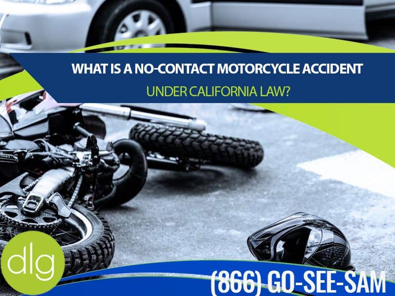 A fallen motorcycle and helmet lie on the road next to a car; text discusses no-contact motorcycle accidents under California law.