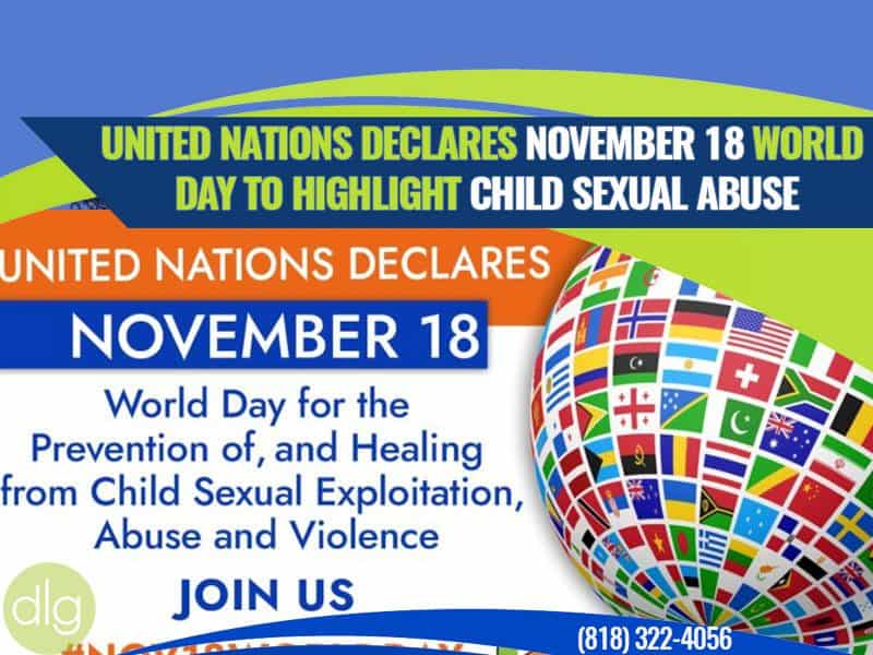 A graphic announces November 18 as the United Nations' World Day to highlight and prevent child sexual abuse, featuring international flags and a contact number.