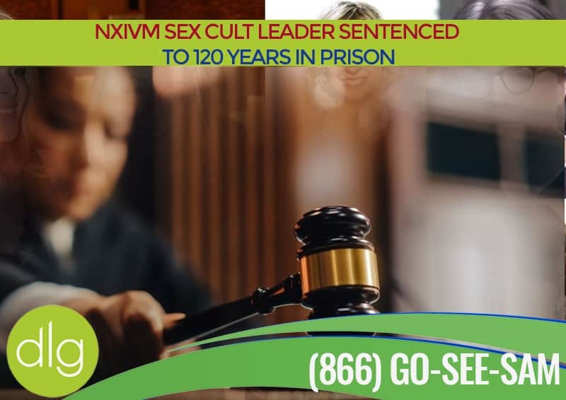 A judge strikes a gavel in a courtroom with a headline stating, "NXIVM sex cult leader sentenced to 120 years in prison," and a legal helpline number displayed.