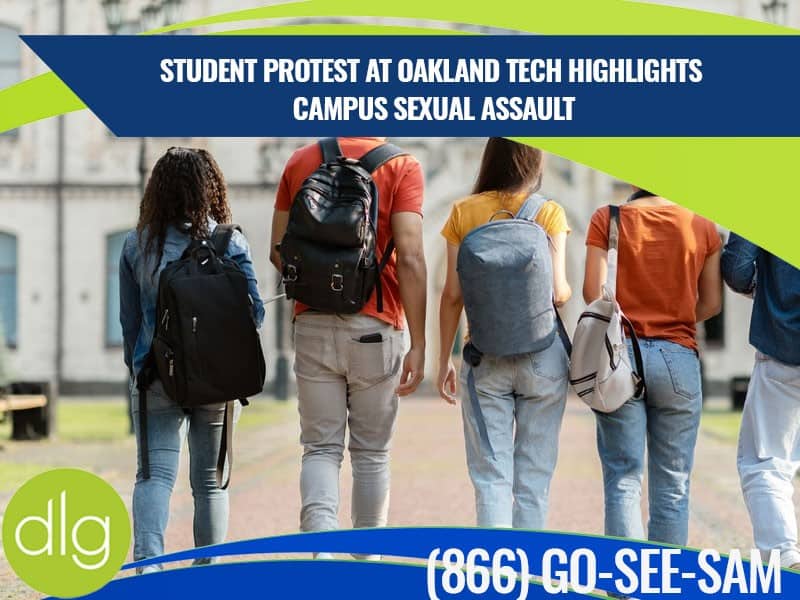 Four students wearing backpacks walk together outdoors; text overlay discusses a protest at Oakland Tech about campus sexual assault.