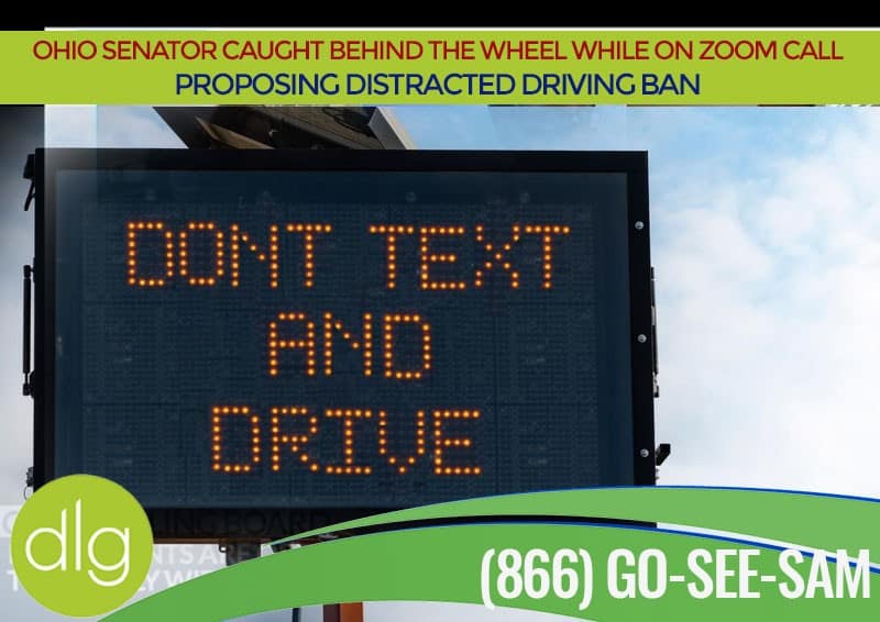 Digital road sign displays the message "DON'T TEXT AND DRIVE" under a news headline about an Ohio senator proposing a distracted driving ban.