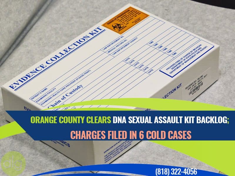 A DNA evidence collection kit rests on a table, with text overlay announcing Orange County clearing a sexual assault kit backlog and charges filed in six cold cases.