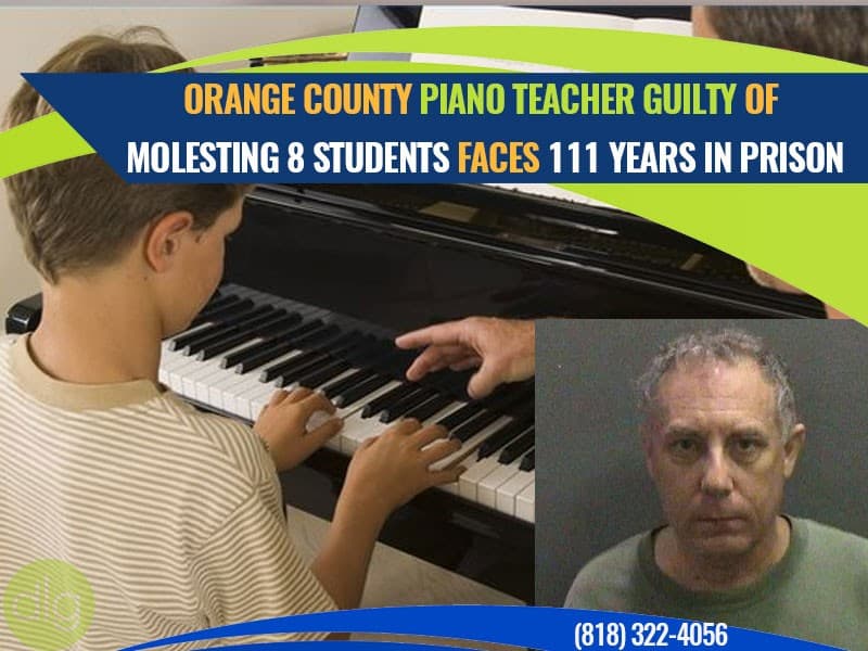 News graphic shows a boy playing piano, a mugshot of an older man, and a headline about a piano teacher convicted of molesting students and facing 111 years in prison.