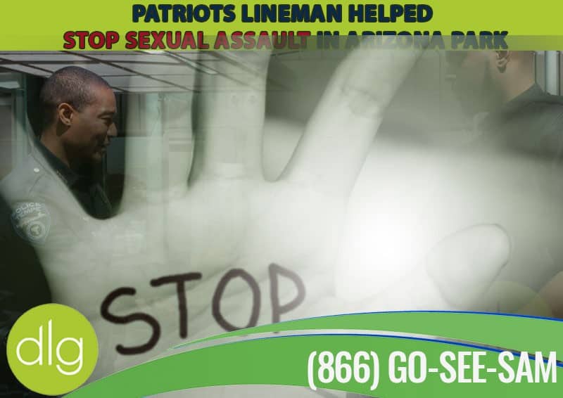 A police officer speaks to a man; a raised hand with "STOP" written on it is overlaid, along with a helpline number and a message about stopping sexual assault in an Arizona park.