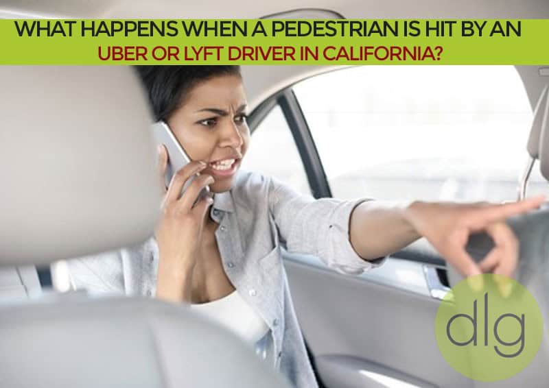 A woman sitting in a car's back seat talks urgently on her phone while pointing forward, with text about Uber or Lyft pedestrian accidents in California.