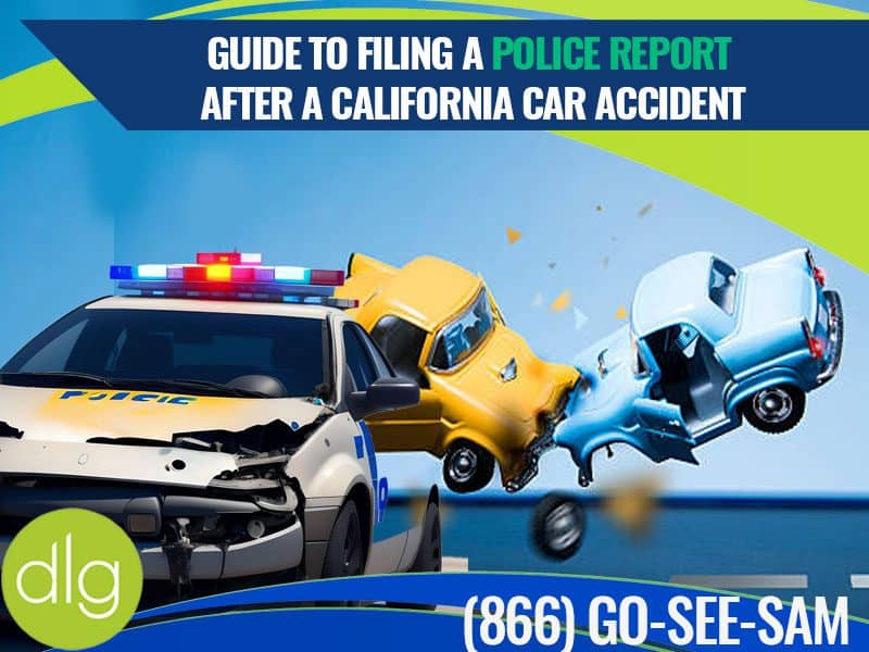 A police car with front-end damage is parked near two airborne, crashed cars; text provides a guide to filing a police report after a California car accident.