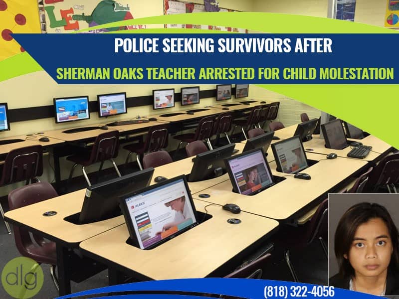 Computer lab with empty desks and tablets on stands; headline reads, "Sherman Oaks teacher arrested for child molestation," with a photo of a woman and a phone number displayed.