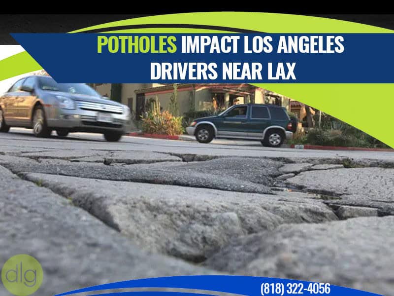 Close-up of a large pothole in the road with cars driving by; text overlay reads, "Potholes impact Los Angeles drivers near LAX.