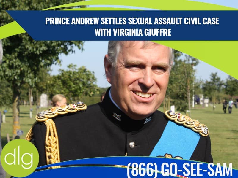 Prince Andrew, dressed in a formal military uniform, smiles outdoors. Text overlay states he settled a sexual assault civil case with Virginia Giuffre.