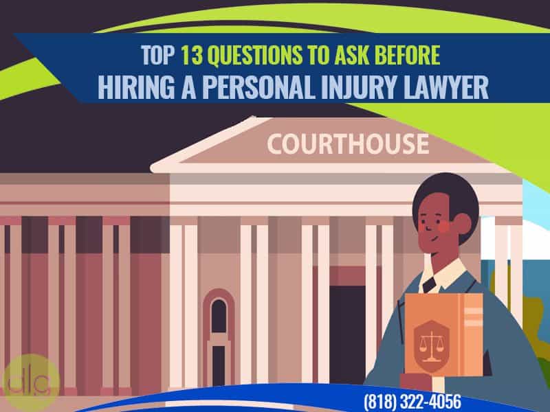 Illustration of a person holding legal documents in front of a courthouse with text: "Top 13 Questions to Ask Before Hiring a Personal Injury Lawyer" and phone number (818) 322-4056.
