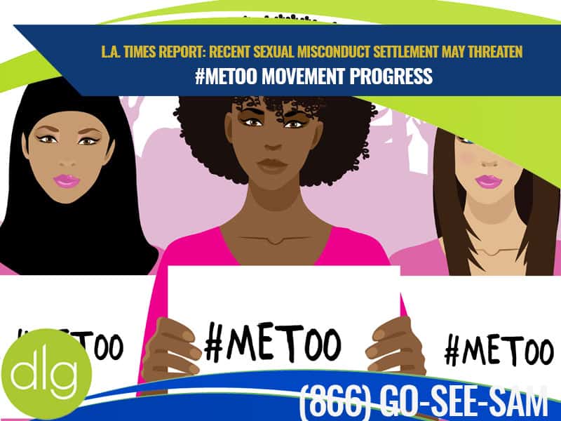 Illustration of three women holding "#MeToo" signs, referencing the movement against sexual misconduct. A banner highlights concerns about recent settlement impacts on progress.