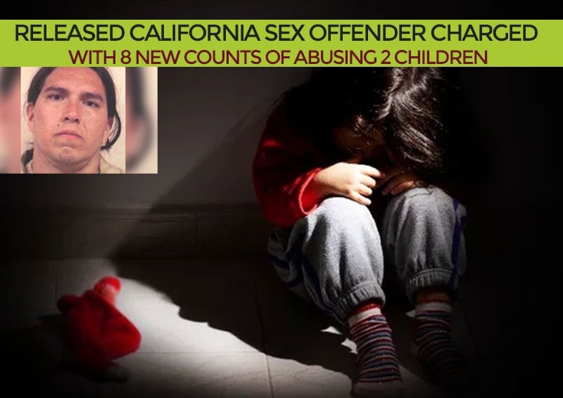 A child sits on the floor with head down; text above states a released California sex offender faces 8 new charges of abusing 2 children. Inset shows a photo of a man.