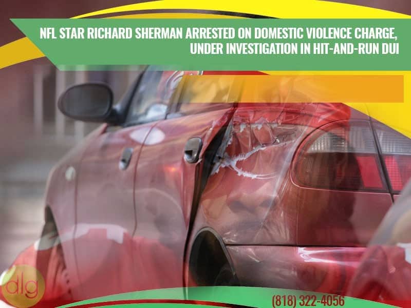 Close-up of a red car with significant damage to the side; text overlay reports NFL star Richard Sherman’s arrest and ongoing investigations.