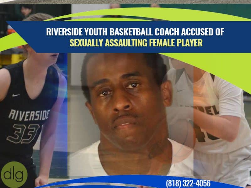 A news graphic shows a headline about a Riverside youth basketball coach accused of sexually assaulting a female player, with images of a male and female basketball players.