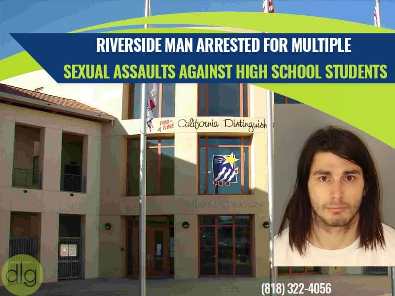 A news graphic shows a school building with a headline about a Riverside man arrested for multiple sexual assaults against high school students and a mugshot of the suspect.